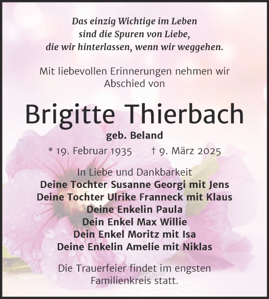 Traueranzeige von Brigitte Thierbach von Trauerkombi Weißenfels