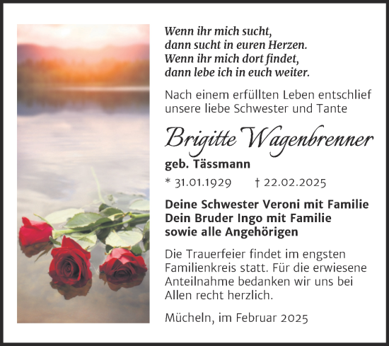 Traueranzeige von Brigitte Wagenbrenner von Trauerkombi Merseburg