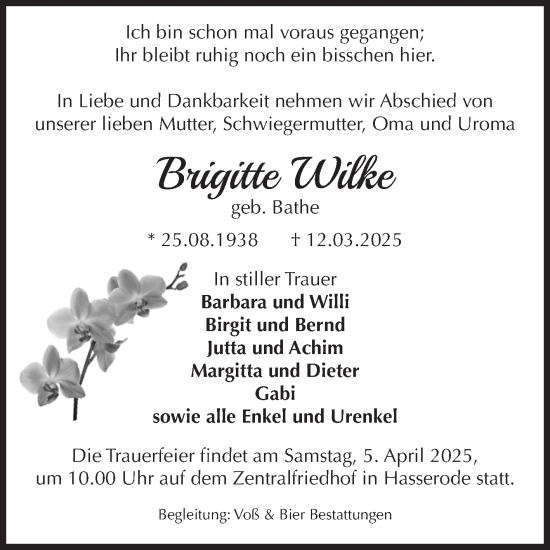 Traueranzeige von Brigitte Wilke von Volksstimme Halberstadt