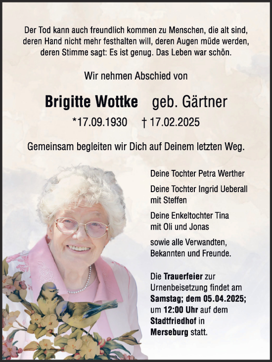 Traueranzeige von Brigitte Wottke von Trauerkombi Merseburg