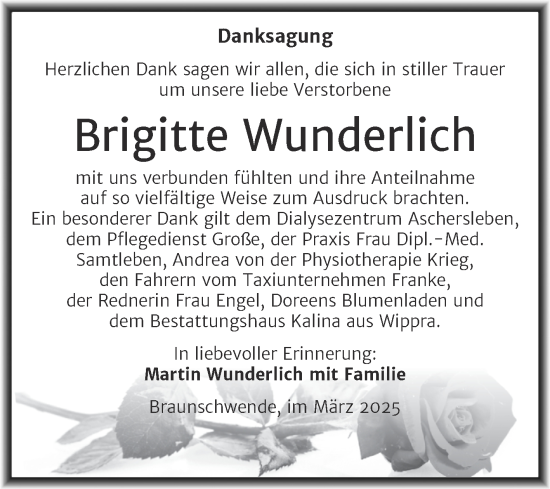 Traueranzeige von Brigitte Wunderlich von Trauerkombi Mansfelder Land