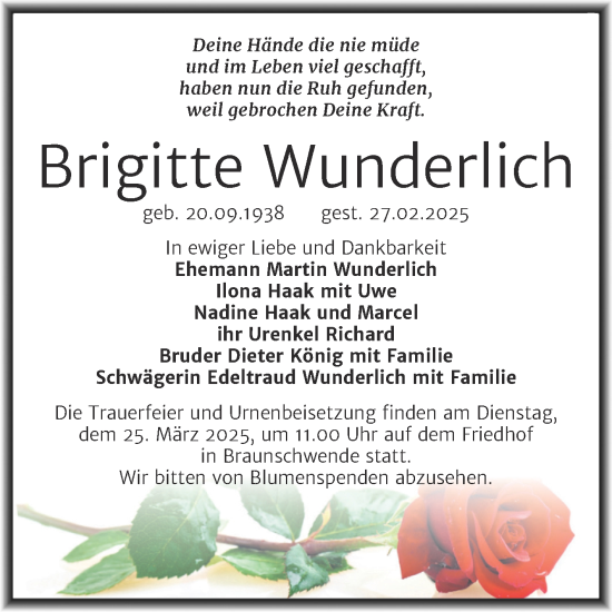 Traueranzeige von Brigitte Wunderlich von Trauerkombi Mansfelder Land