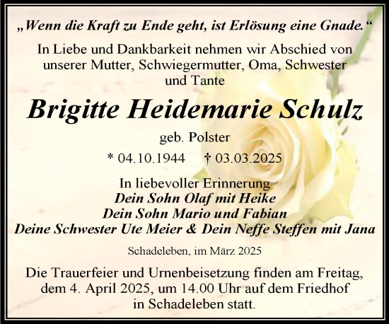Traueranzeige von Brigitte Heidemarie Schulz von Trauerkombi Aschersleben