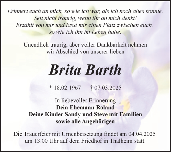 Traueranzeige von Brita Barth von Trauerkombi Bitterfeld