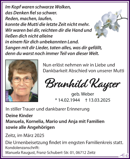 Traueranzeige von Brunhild Kayser von Trauerkombi Weißenfels