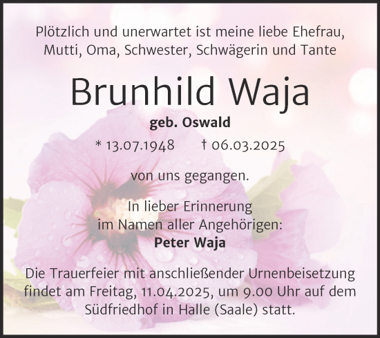 Traueranzeige von Brunhild Waja von Mitteldeutsche Zeitung Halle/Saalkreis