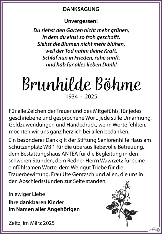 Traueranzeige von Brunhilde Böhme von Trauerkombi Zeitz