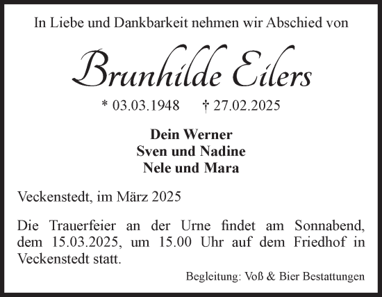 Traueranzeige von Brunhilde Eilers von Volksstimme Wernigerode