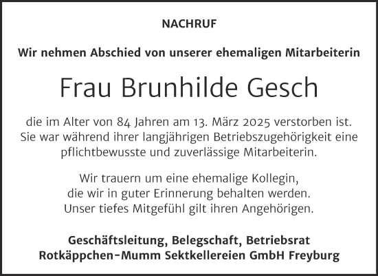 Traueranzeige von Brunhilde Gesch von Super Sonntag Naumburg/Nebra