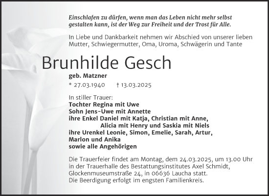 Traueranzeige von Brunhilde Gesch von Naumburger Tageblatt