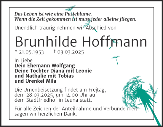 Traueranzeige von Brunhilde Hoffmann von Trauerkombi Merseburg