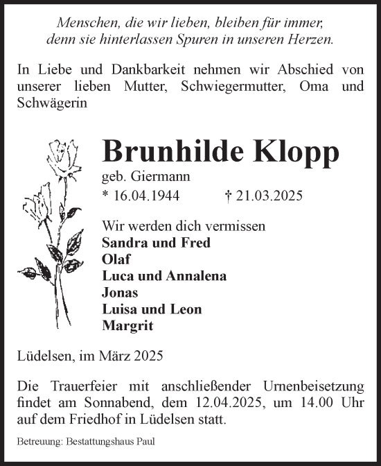 Traueranzeige von Brunhilde Klopp von Volksstimme Altmark West
