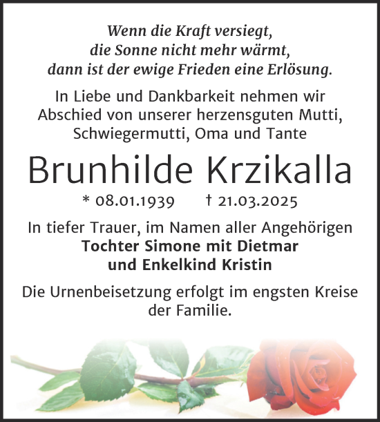 Traueranzeige von Brunhilde Krzikalla von Trauerkombi Bernburg
