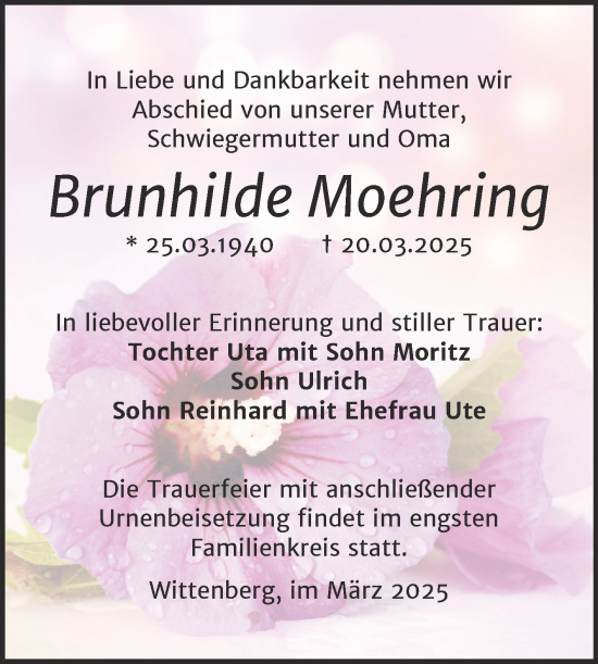 Traueranzeige von Brunhilde Moehring von Super Sonntag Wittenberg
