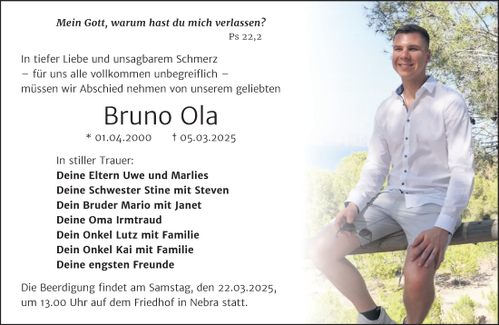 Traueranzeige von Bruno Ola von Super Sonntag Naumburg/Nebra