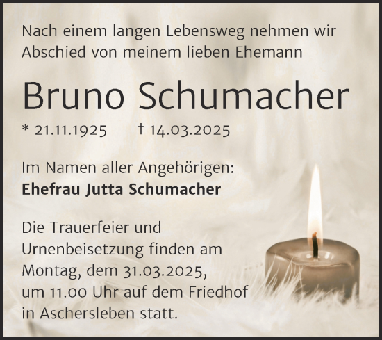 Traueranzeige von Bruno Schumacher von Trauerkombi Aschersleben