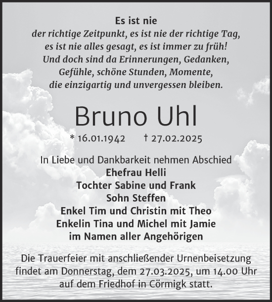 Traueranzeige von Bruno Uhl von Trauerkombi Bernburg