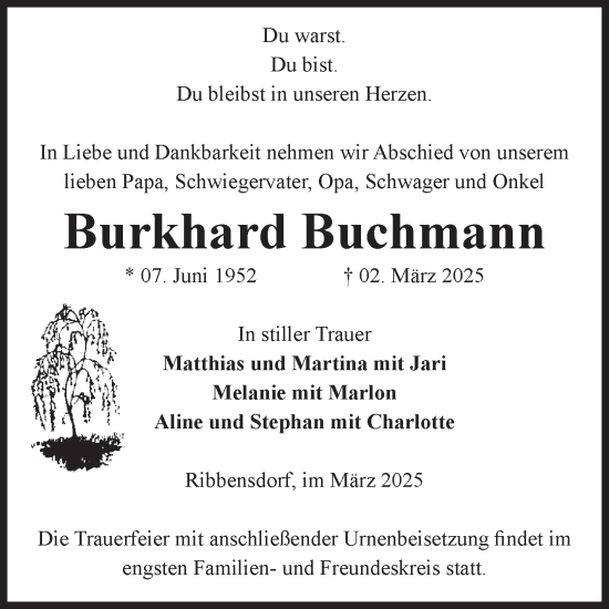 Traueranzeige von Burkhard Buchmann von Volksstimme Haldensleben/Wolmirstedt