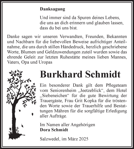 Traueranzeige von Burkhard Schmidt von Volksstimme Altmark West