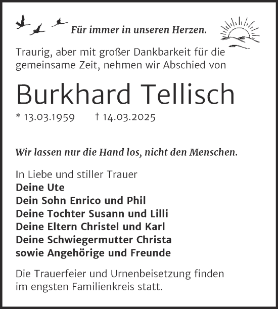 Traueranzeige von Burkhard Tellisch von Trauerkombi Wittenberg