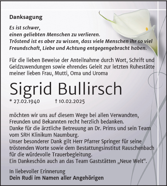 Traueranzeige von Sigrid Bullirsch von Super Sonntag Naumburg/Nebra