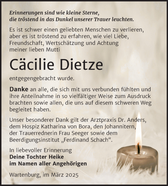 Traueranzeige von Cäcilie Dietze von Trauerkombi Wittenberg