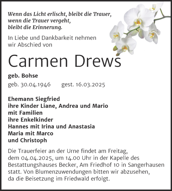 Traueranzeige von Carmen Drews von Trauerkombi Sangerhausen