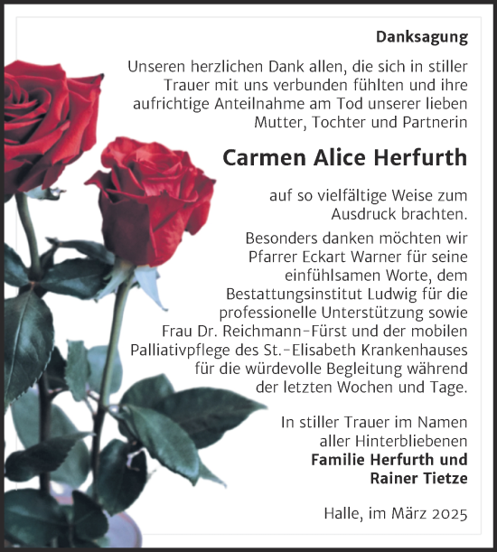 Traueranzeige von Carmen Alice Herfurth von Mitteldeutsche Zeitung Halle/Saalkreis