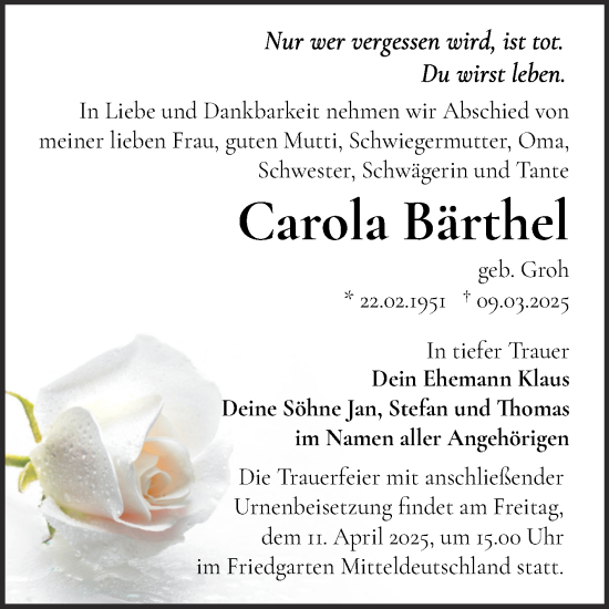 Traueranzeige von Carola Bärthel von Mitteldeutsche Zeitung Halle/Saalkreis