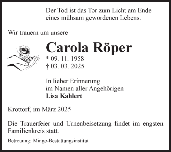 Traueranzeige von Carola Röper von Volksstimme Oschersleben/Wanzleben
