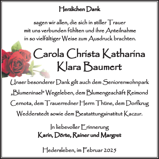 Traueranzeige von Carola Christa Katharina Klara Baumert von Super Sonntag Quedlingburg