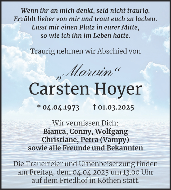 Traueranzeige von Carsten Hoyer von Trauerkombi Köthen
