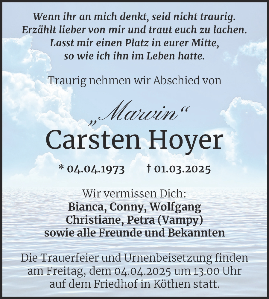  Traueranzeige für Carsten Hoyer vom 15.03.2025 aus Trauerkombi Köthen
