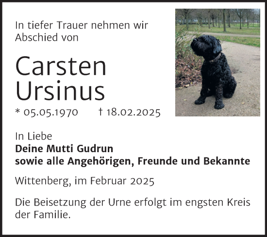Traueranzeige von Carsten Ursinus von Trauerkombi Wittenberg