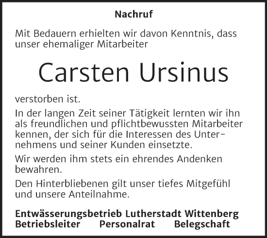 Traueranzeige von Carsten Ursinus von Super Sonntag Wittenberg