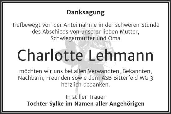 Traueranzeige von Charlotte Lehmann von Trauerkombi Bitterfeld