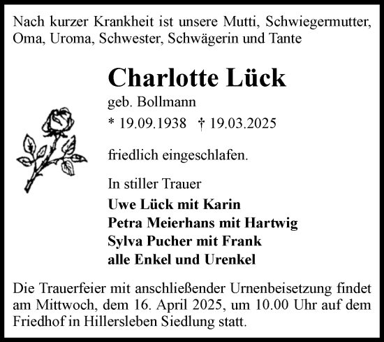 Traueranzeige von Charlotte Lück von Volksstimme Haldensleben/Wolmirstedt