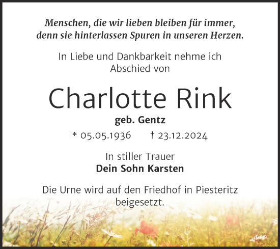 Traueranzeige von Charlotte Rink von Trauerkombi Wittenberg