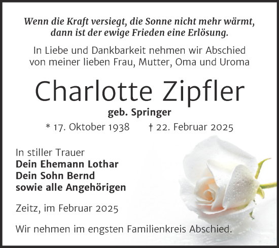 Traueranzeige von Charlotte Zipfler von Trauerkombi Zeitz
