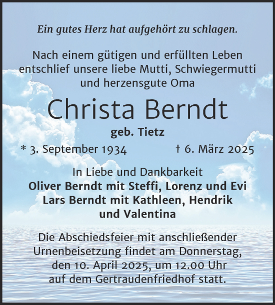 Traueranzeige von Christa Berndt von Mitteldeutsche Zeitung Halle/Saalkreis