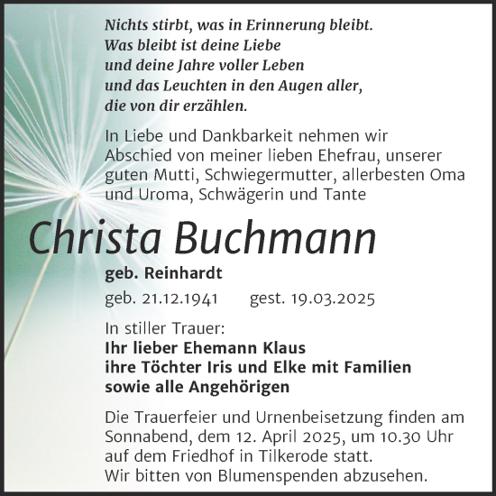Traueranzeige von Christa Buchmann von Trauerkombi Mansfelder Land