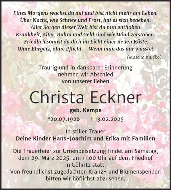 Traueranzeige von Christa Eckner von Trauerkombi Merseburg
