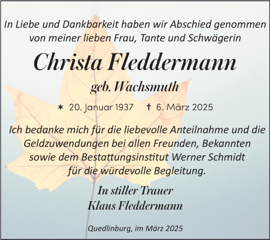 Traueranzeige von Christa Fleddermann von Trauerkombi Quedlinburg