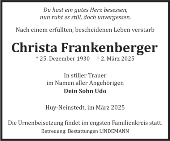 Traueranzeige von Christa Frankenberger von Volksstimme Halberstadt