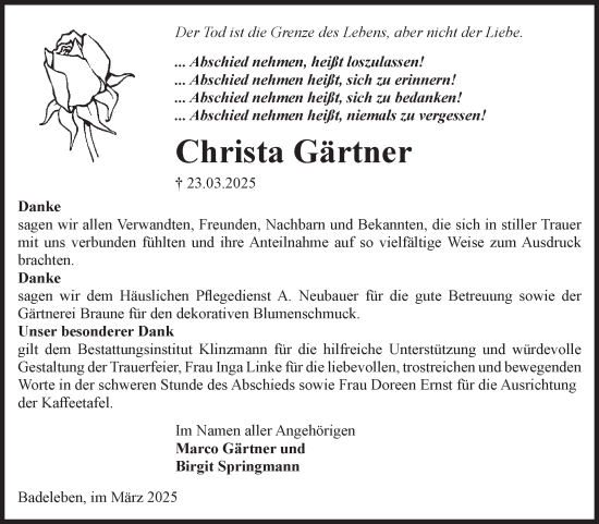 Traueranzeige von Christa Gärtner von Volksstimme Oschersleben/Wanzleben