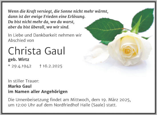 Traueranzeige von Christa Gaul von Mitteldeutsche Zeitung Halle/Saalkreis