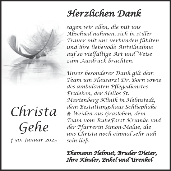 Traueranzeige von Christa Gehe von Volksstimme Haldensleben/Wolmirstedt