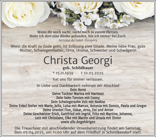Traueranzeige von Christa Georgi von Trauerkombi Wittenberg