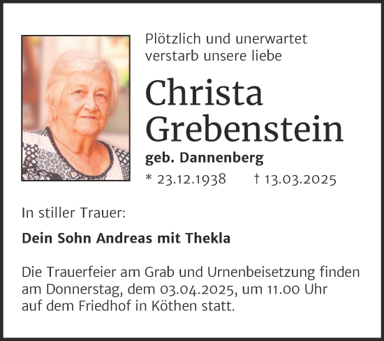 Traueranzeige von Christa Grebenstein von Trauerkombi Köthen