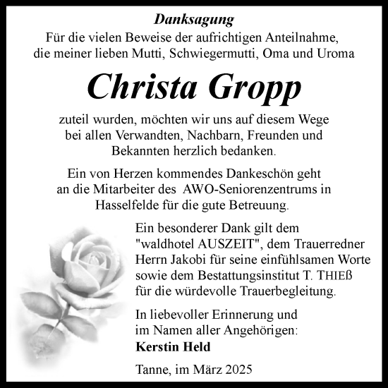 Traueranzeige von Christa Gropp von Volksstimme Wernigerode